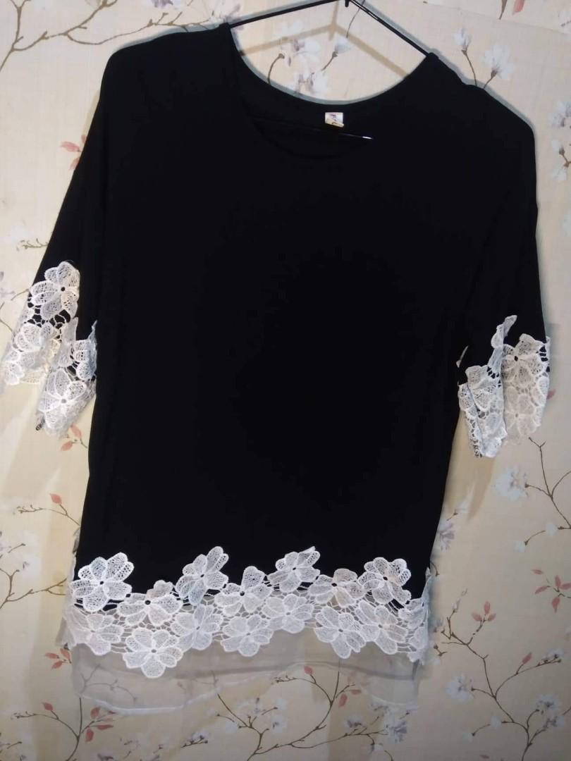 Lace detail shirt (Category: Blouses) located in Makati City. Submitted by so.manythings (Listing ID 1157009450, Image 2). Description: Stretchable fabric Slight stain at bottom lace part due to unuse and storage.