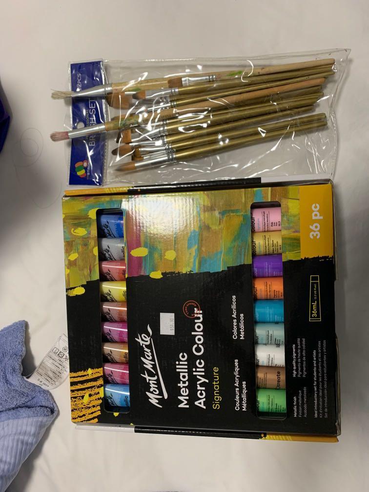 Mont Marte Metalic Acrylic Colour paints 36pc + FREE paint brush + FREE art  canvas, Hobbies & Toys, Stationery & Craft, Craft Supplies & Tools on  Carousell
