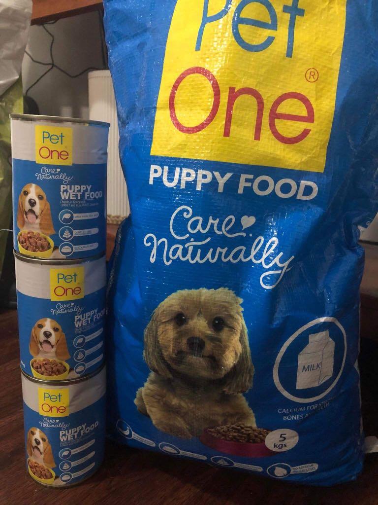 Pet One puppy food 5kg with 3 pet one wet food in can