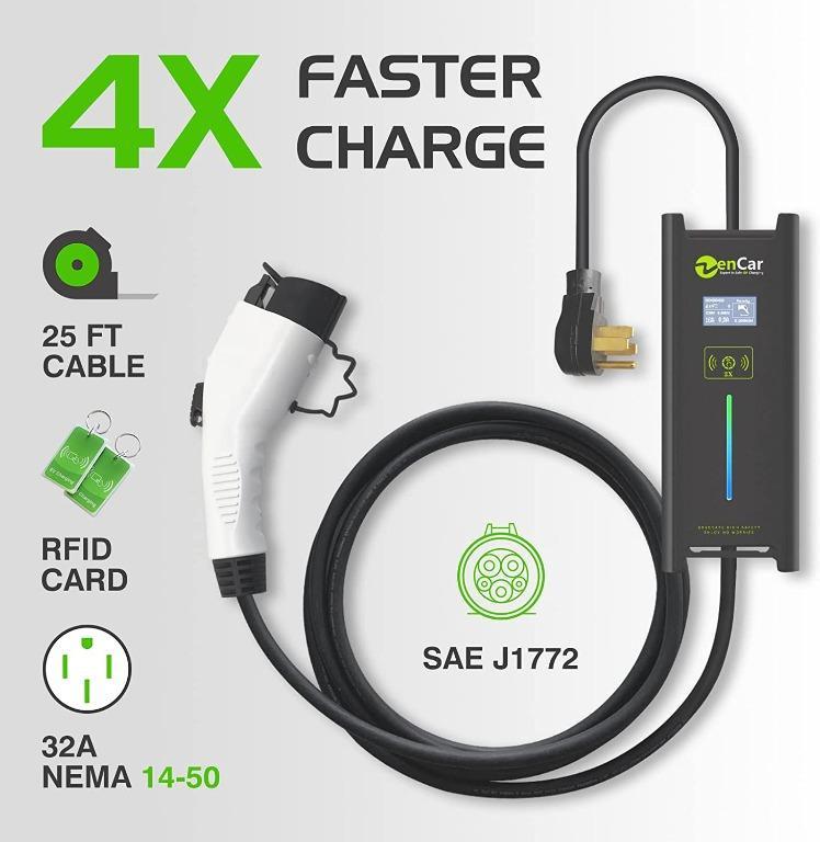 16A,24A,32A ,NEMA 14-50 MAX GREEN Level 2 EV Charger Portable EVSE Electric Vehicle Charging Station with Timer 240V,25 feet with Adjustable Current 
