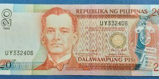 1999 Republika ng Pilipinas New Design Series 20 Piso old Banknote AUncircuted/Uncirculated condition Signatories Estrada Singson** Scarce**3 Years only as President due to People Power