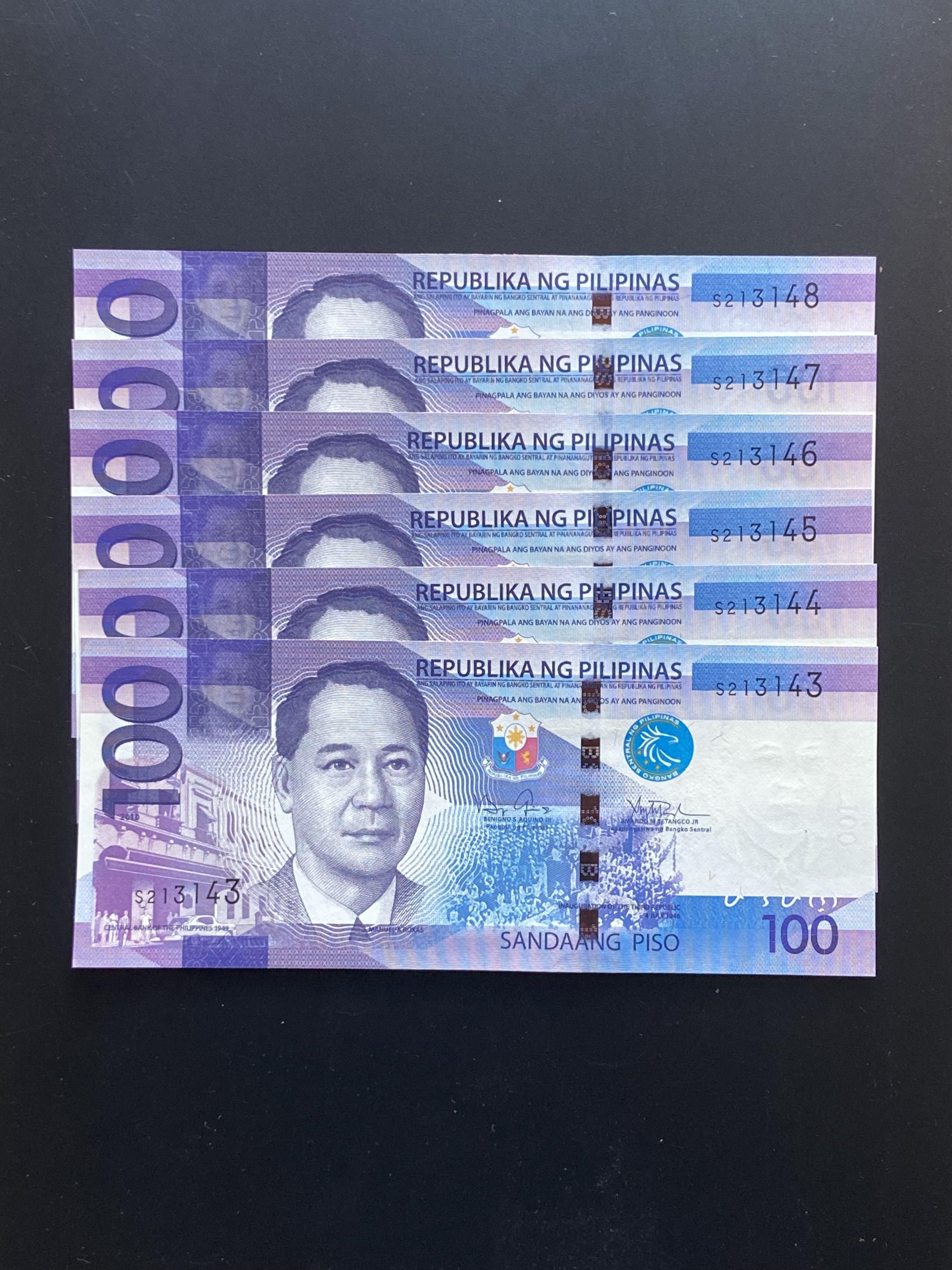 🇵🇭 一生一世系列直版全新菲律賓披索新世代貨幣2010版P100 六張連號碼Philippines Peso The New Generation  Currency (NGC) Series 2010 Edition - Six consecutive serial numbers.,