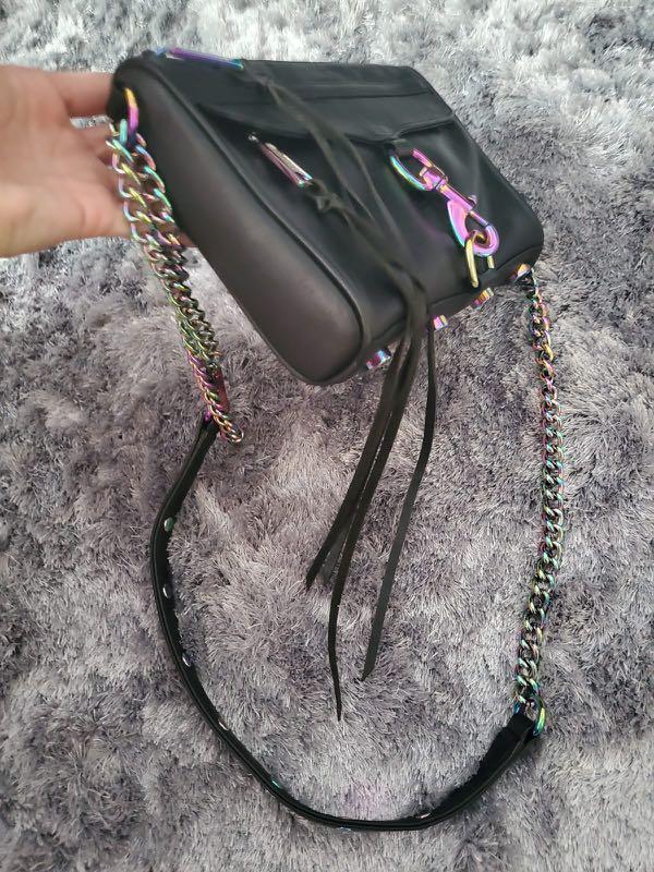 Authentic Limited Edition Rebecca Minkoff Mini Mac 2 Way Crossbody Shoulder Sling HandBag with Rainbow Iridescent Hardware Chain and Black