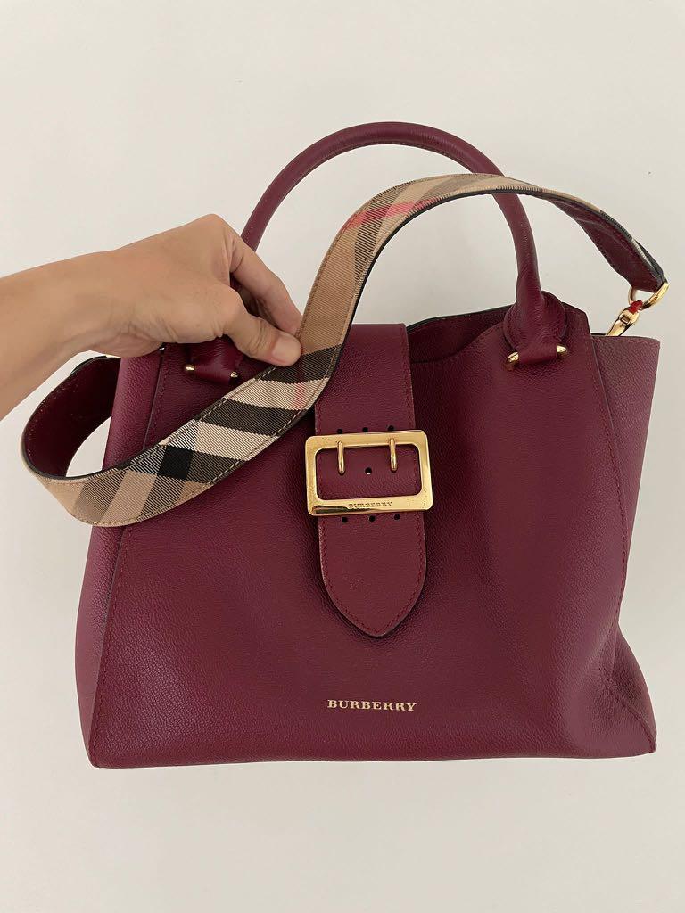 BURBERRY Dark Plum Soft Grain Leather Medium Buckle Tote Bag