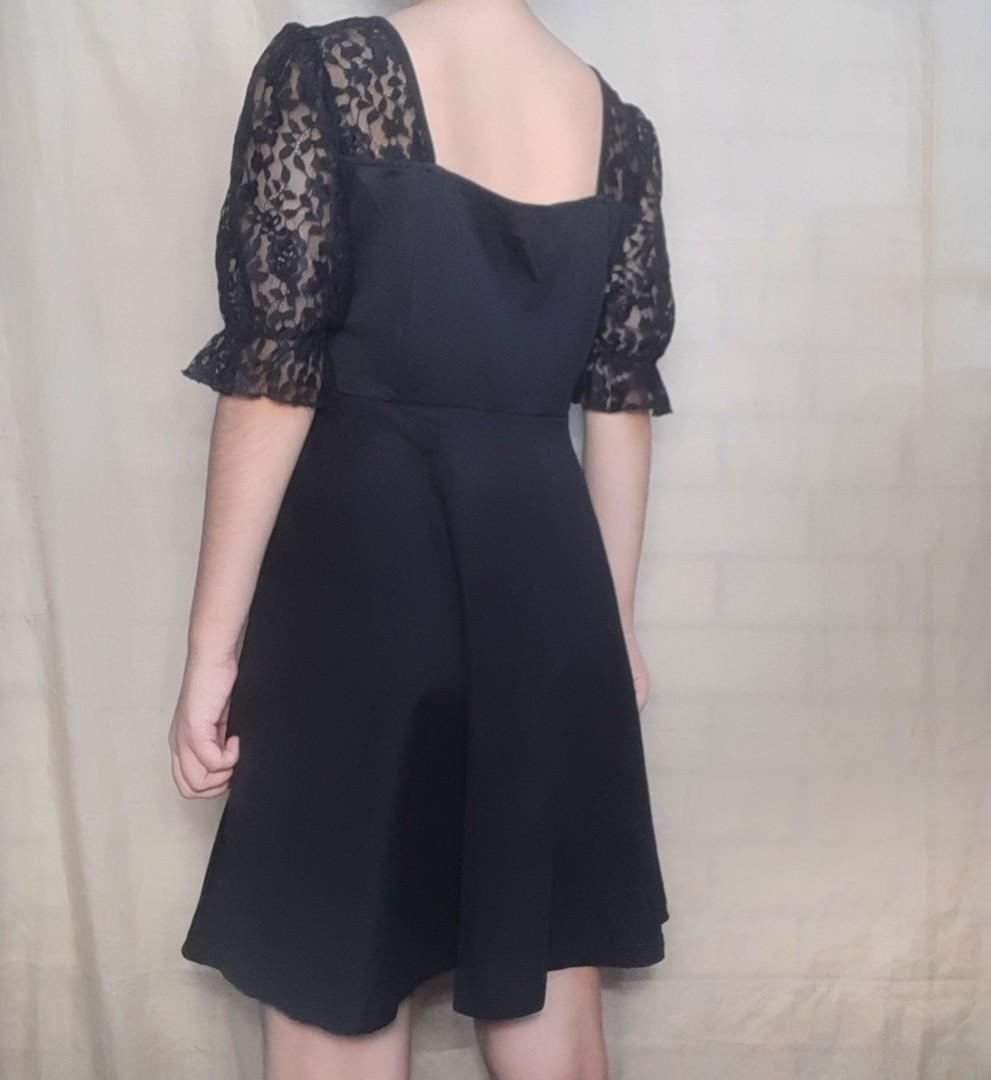black lace-sleeved dress (Category: Dresses) located in Quezon City. Submitted by kubby.archives (Listing ID 1157210267, Image 2). Description: medium w: 28-29" b: 35-36" l: 32.5".
