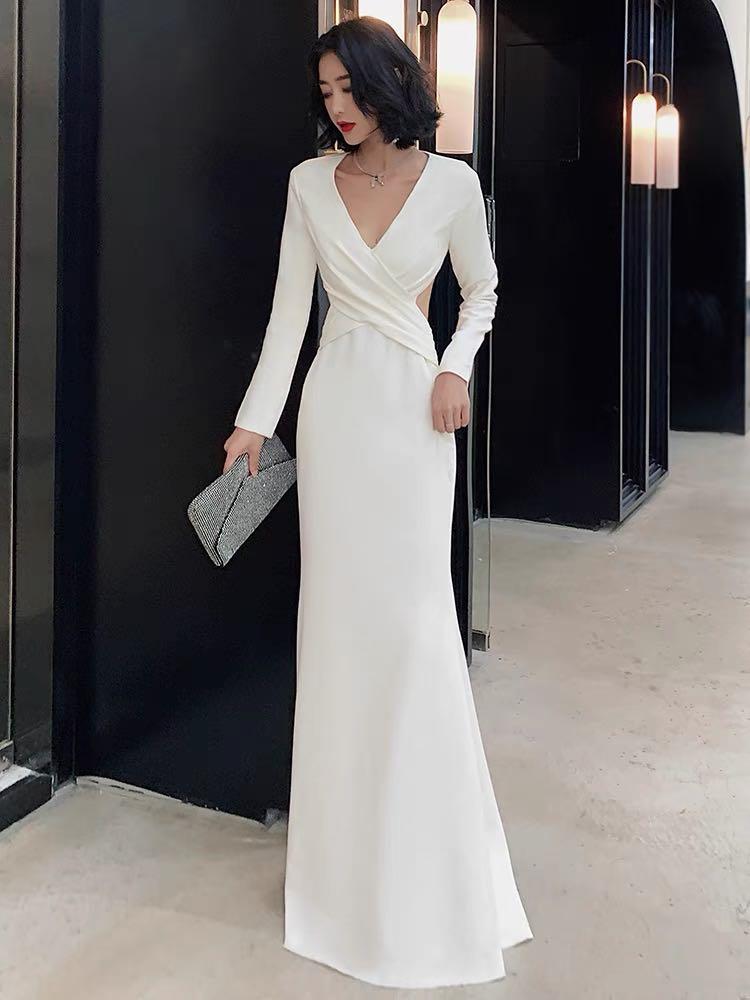 White evening sales gowns with sleeves