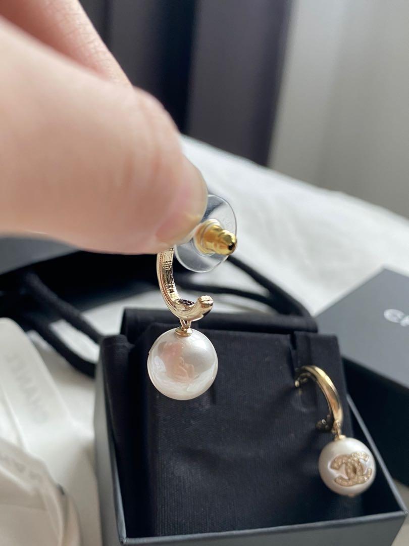 Chanel CC Pearl Drop Earrings Light Gold Tone