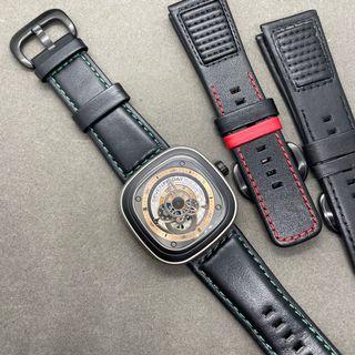 [INSTOCK] 28MM CALF LEATHER WATCH STRAP - BLACK WITH RED/ FULL BLACK/ BLACK WITH GREEN. fitted on seven friday p-series seen in pic1, also suitable for other 28mm lug width watches