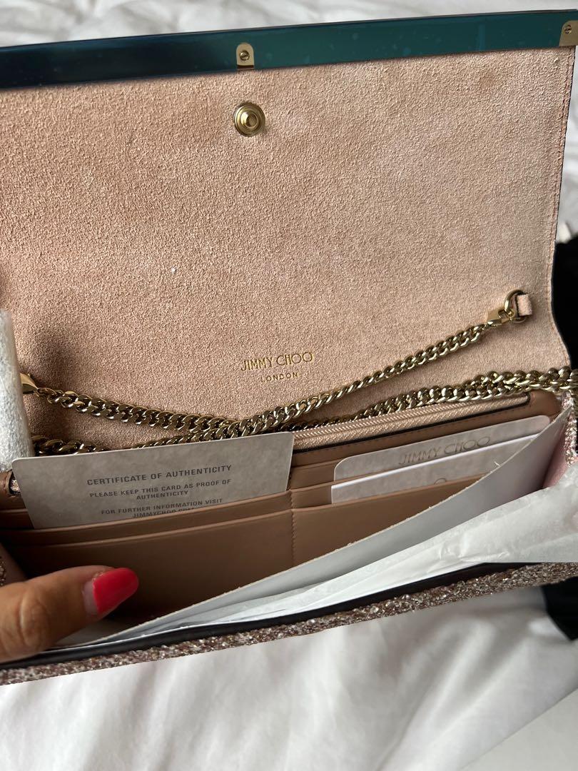 Jimmy Choo, Bags, Jimmy Choo Milla Clutch Beige Leather With Chain Dust  Bags Authenticity Card