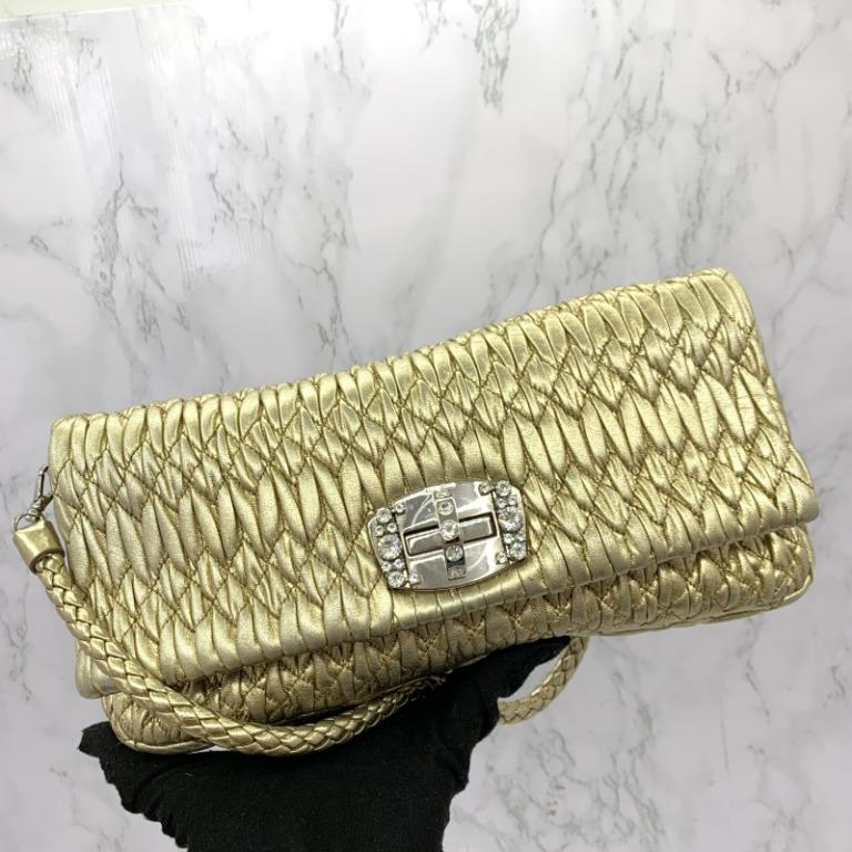 MIU MIU GOLD COLOUR LEATHER CRYSTAL CHAIN 2WAY CLUTCH BAG 227008671