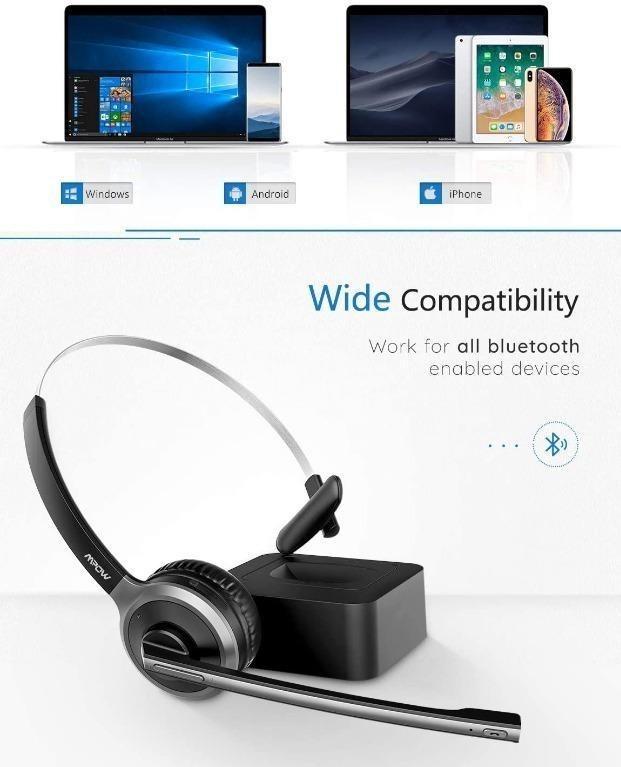 Mpow M5 Pro Bluetooth Caller Headset Advanced Noise Cancelling Microphone Strong BT Signal Comfort fit Truck Driver Headset with Charging Base Audio Headphones Headsets on Carousell