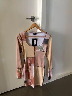 Pretty little thing- BROWN PATCHWORK OVERLOCK STITCH DETAIL LONG SLEEVE BODYCON DRESS