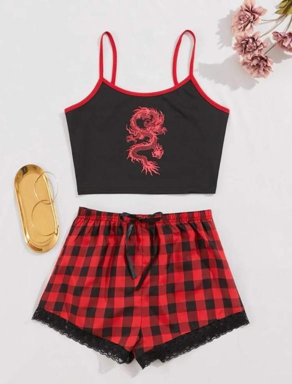 SHEIN CHINESE DRAGON GRAPHIC CONTRAST LACE PAJAMA SET Women s