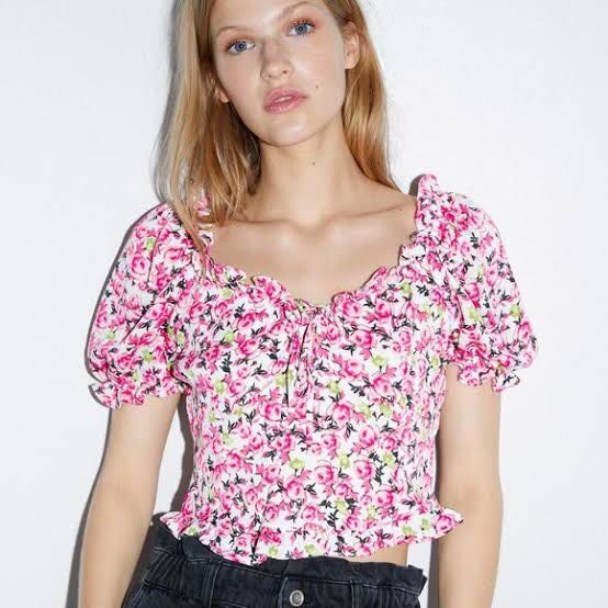 Zara floral puff top, Women's Fashion, Tops, Blouses on Carousell
