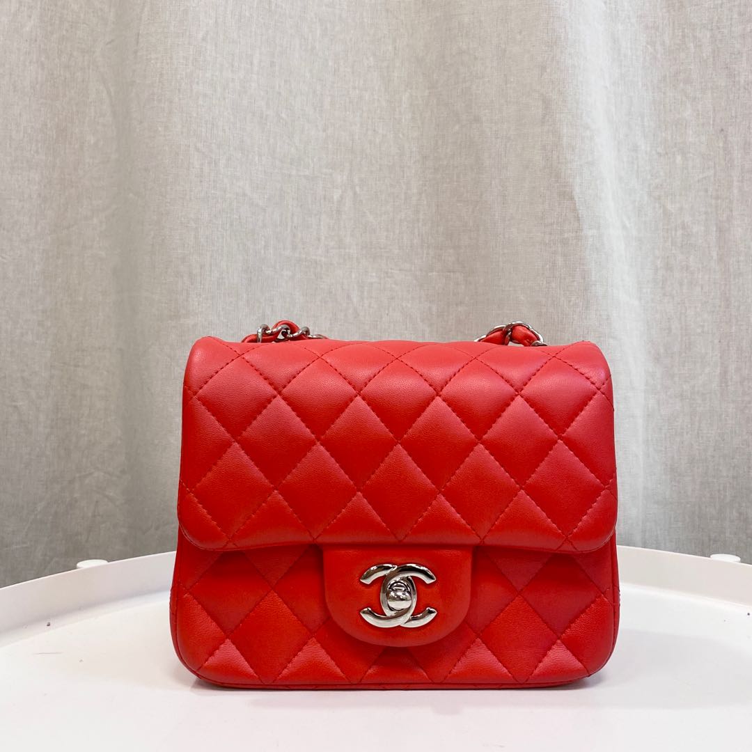 Authentic Classic Flap Mini Square Red Bag in Lambskin and Silver