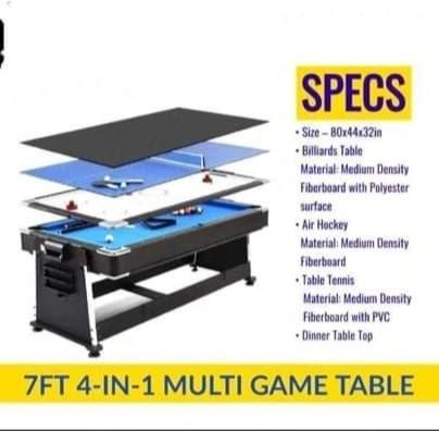 Billiard Junior Table 4 in 1 (Category: Billiards and Bowling) located in Manila. Submitted by my_haru (Listing ID 1157327770, Image 1). Description: Brand New 4 x 7ft Junior Billiard Table Game Set Size In - (80x44x32 inches) SPECIFICATIONS: 1. Billiard Table Material - Medium Density Fiberboard with Polyester Surface - Complete set accessories 2. Air Hockey Material - Medium Density Fiberboard 3. Table Tennis - Medium Density Fiberboard with PV