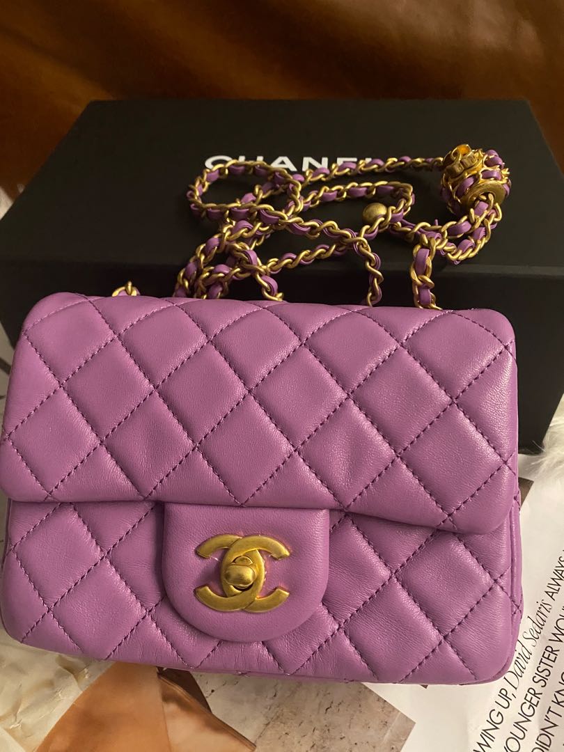 Chanel 22S Classic Mini Square Pearl Crush Lambskin Quilted Flap Bag Purple  NIB!