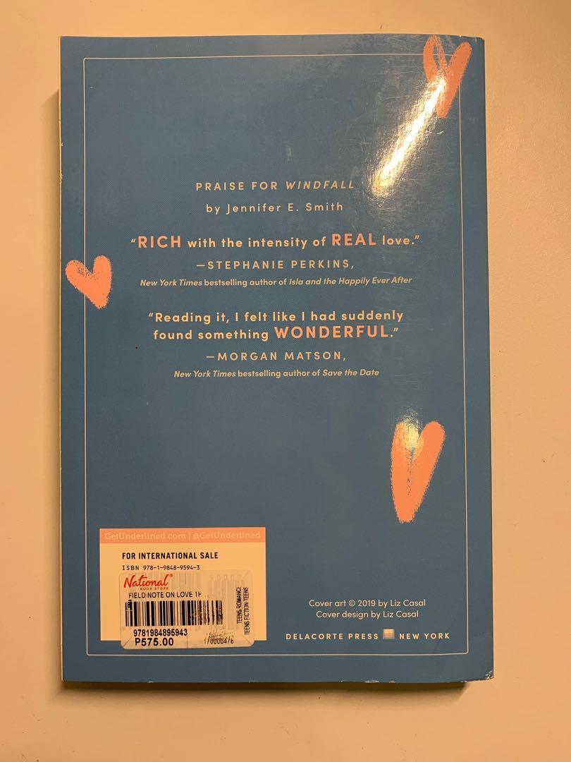 Field Notes on Love by Jennifer E. Smith (Category: Storybooks) located in Quezon City. Submitted by 063005 (Listing ID 1157402008, Image 2). Description: Field Notes on Love by Jennifer E. Smith Paperback (Very good condition) Message me for more information. All books will be packaged in bubble and plastic wrap. :) Shopee checkout available .