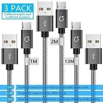 USB Charger Cable Nylon Braided Cable for Charging Compatible with Samsung Aioneus Micro USB Cable 3 Pack/1m+1.5m+2m Black Huawei PS4 and More Sony Android Smartphone 
