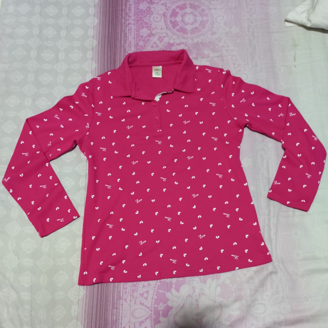 Kaos berkerah lengan panjang pink, Fesyen Wanita, Pakaian Wanita