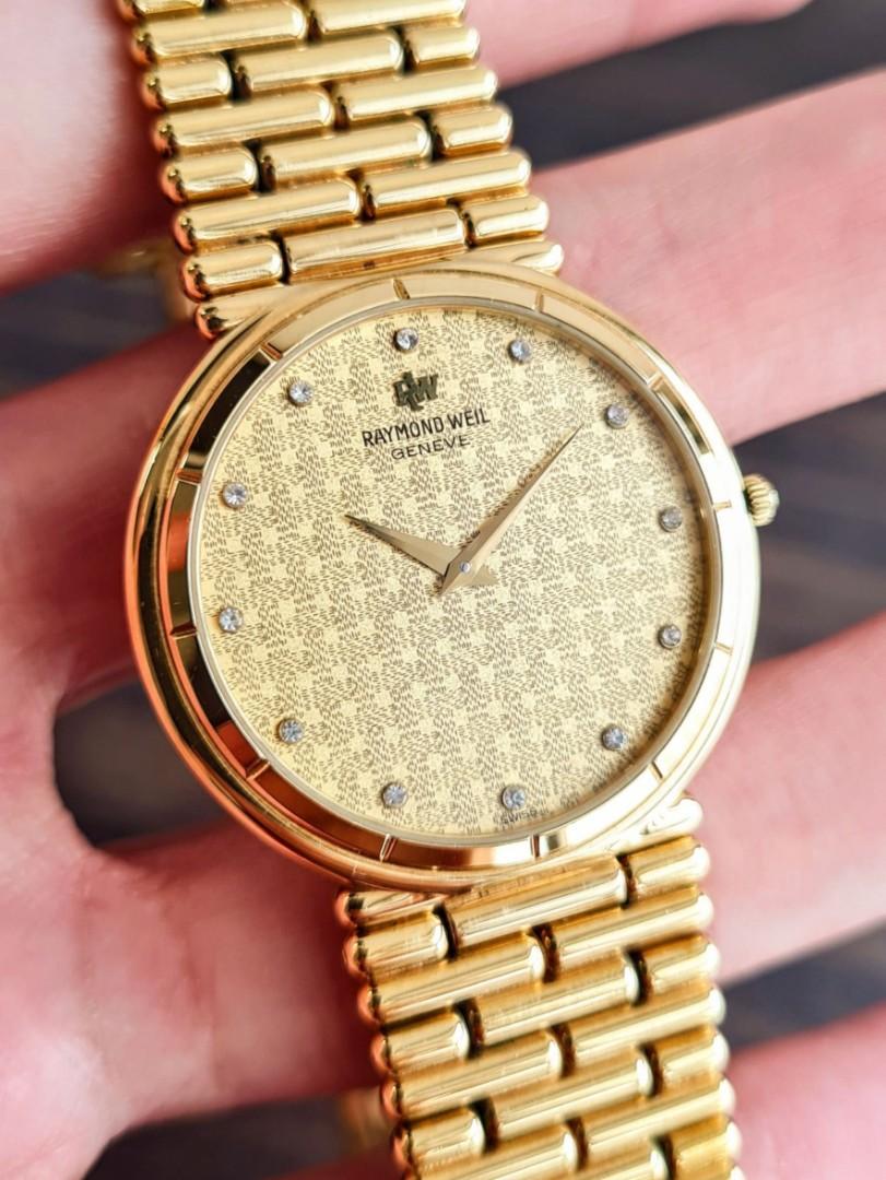 Raymond Weil Extra Thin 18K Gold Plated Quartz Dress Watch with Diamond Gold Weave Dial