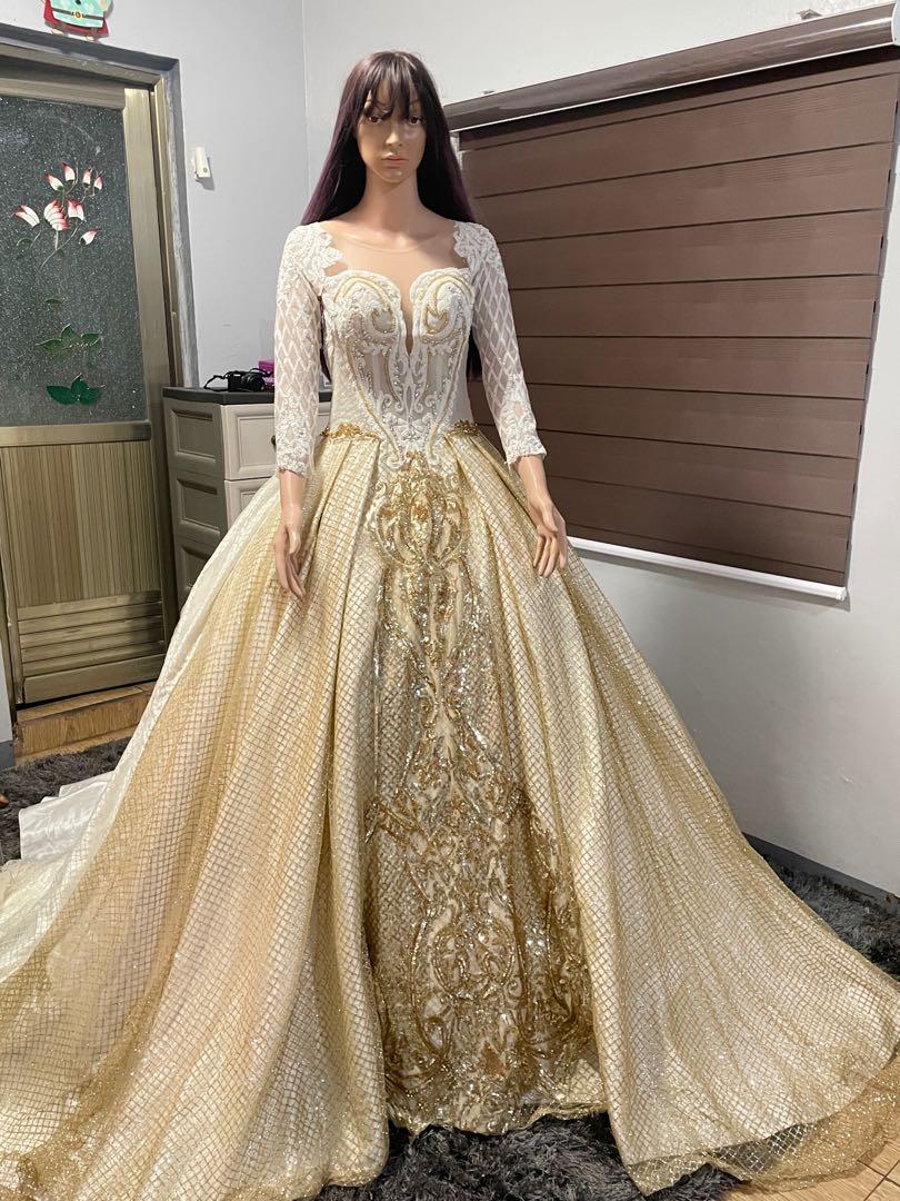 Long Sleeve V-neck Gold Lace Ball Gown White Organza Gorgeous Prom Wed –  SofieBridal
