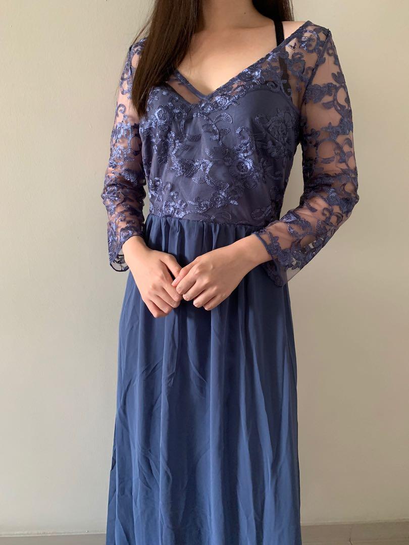 A-line V-neck Chiffon Ruched Floor-length Dress Slate Blue Plus Size main image 1