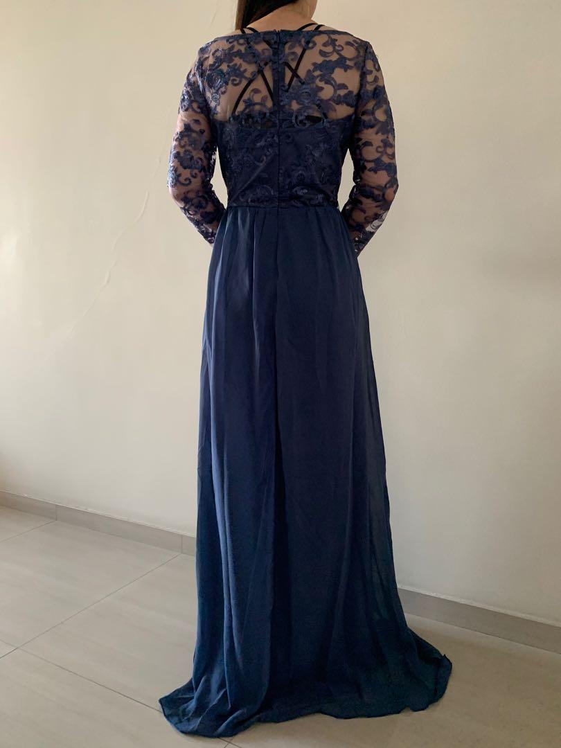 V-neck Criss-Cross Straps Ruched Chiffon Floor-length Dresses Ink Blue main image 1