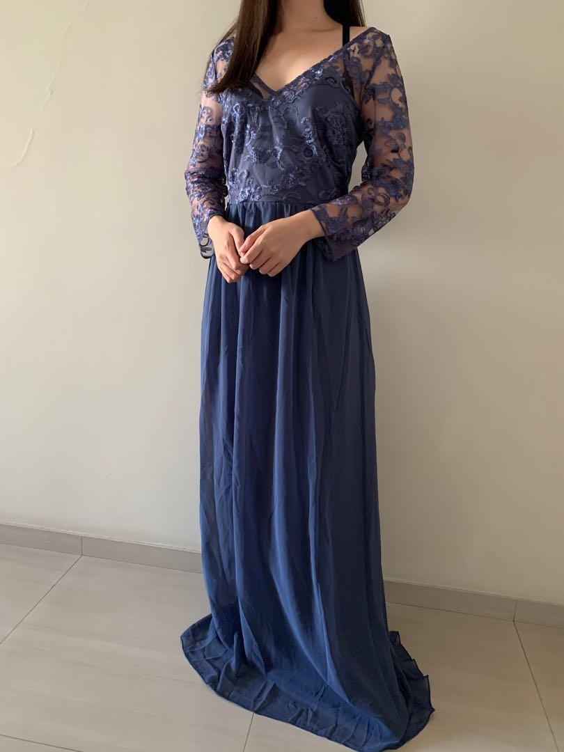A-line V-neck Chiffon Ruched Floor-length Dress Royal Blue main image 1
