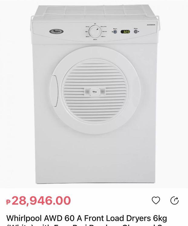 Whirlpool Dryer AWD60A 6kg Capacity (Category: Washing Machines and Dryers) located in Quezon City. Submitted by missmari (Listing ID 1157314441, Image 1). Description: If interested I can send more photos. Dimension: L 52cm x W 59.7cm x H 82.5cm Front Load Dryer Stackable or Floor Mounted Stainless Steel Tub Pause Cycle to add more clothes.