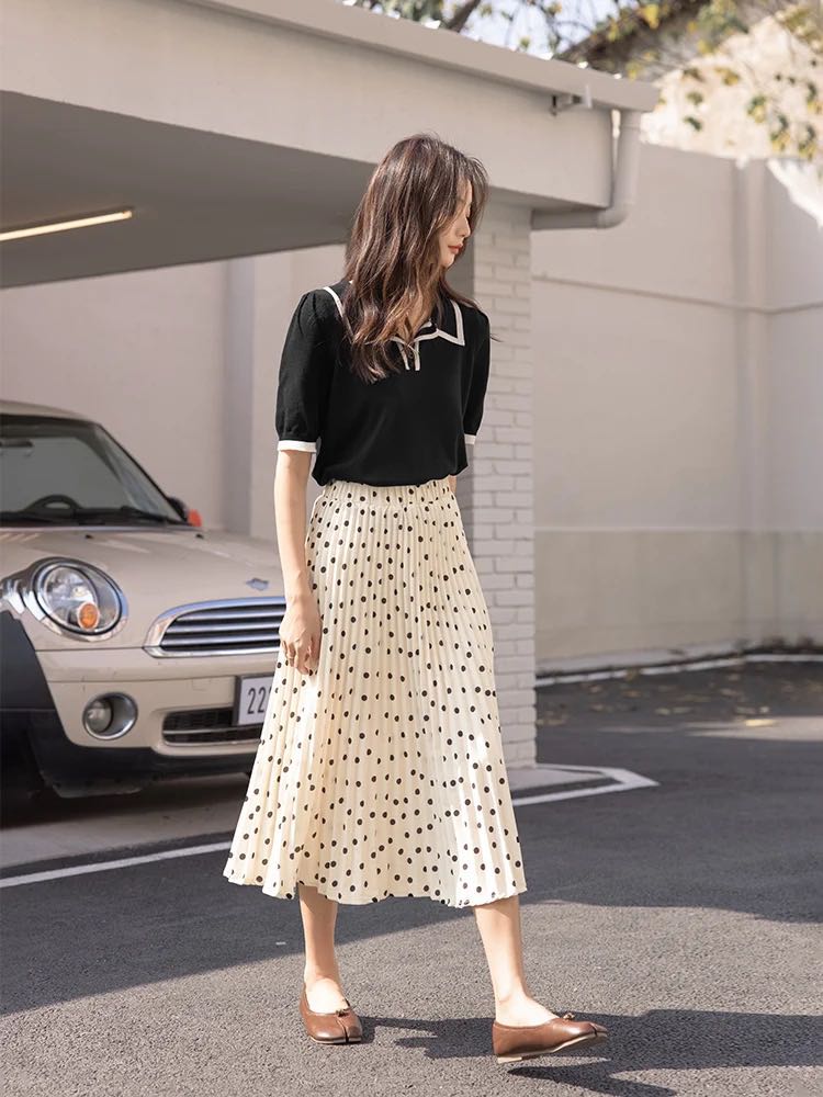 Chelsea Polka Dot Pleated Skirt with Black Knit Top Women s