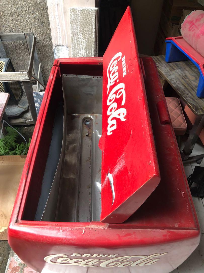Coca-Cola Coke Cooler (Category: Refrigerators and Freezers) located in San Juan City. Submitted by ethannate (Listing ID 1157559977, Image 3). Description: Vintage Coca-Cola Coke Cooler 1. Large Size Cooler (120k) - exterior has been restored Height 35” inches Length & Width 28” x 44” inches 2. Wide Picnic Airline Cooler (50k) Height 13.5” w/ stainless handle 14.5” inches Length & Width 18” x 6.75” inches 3. Stool Seat Stoarge Tin Can Bin (12k) 