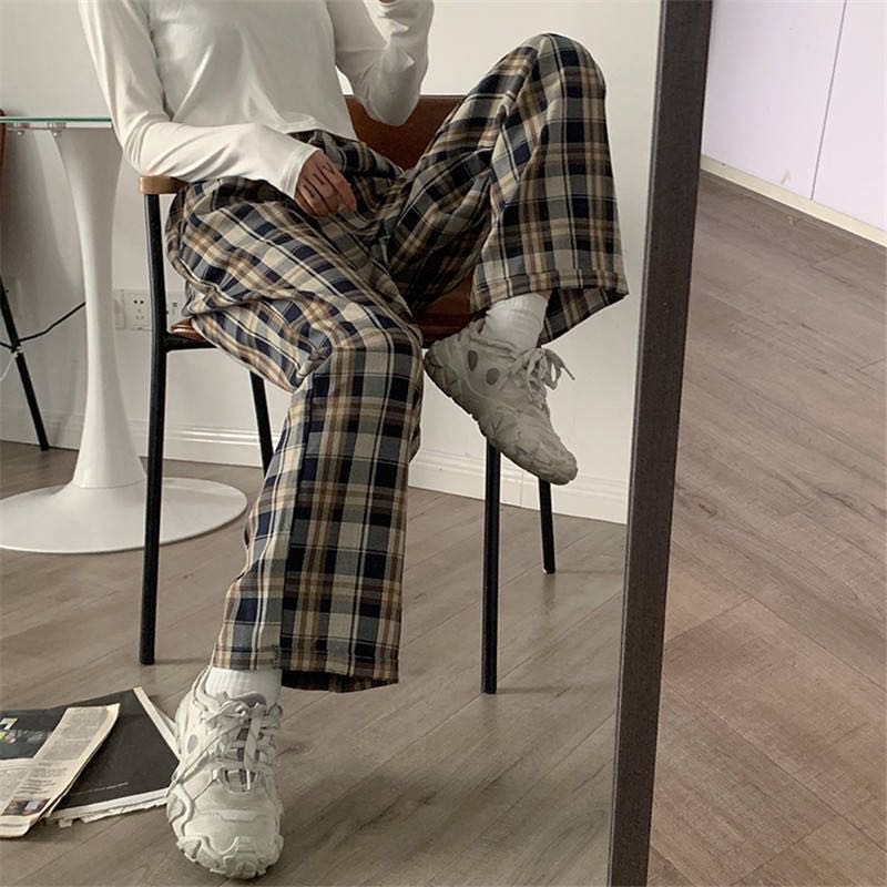 Cream Plaid Pants, Women's Fashion 