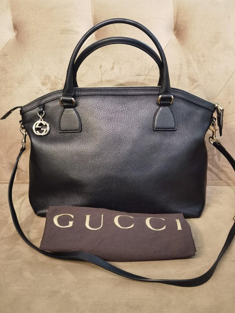 GUCCI Dome Large GG Charm Pebbled Leather Satchel Bag Black 449660
