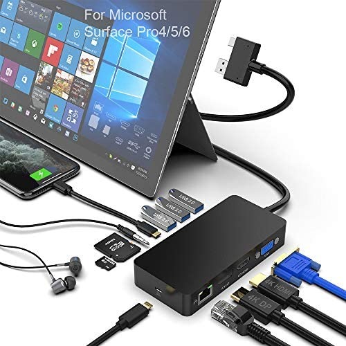 5Gps Rocketek Surface Pro USB Hub Docking Station SD/TF Card Surface Pro Adapter for Surface Pro 6/5/4 6-in-1 USB 3.0 Hub Adapter with 4K DP Displayport 3 USB3.0 Ports 