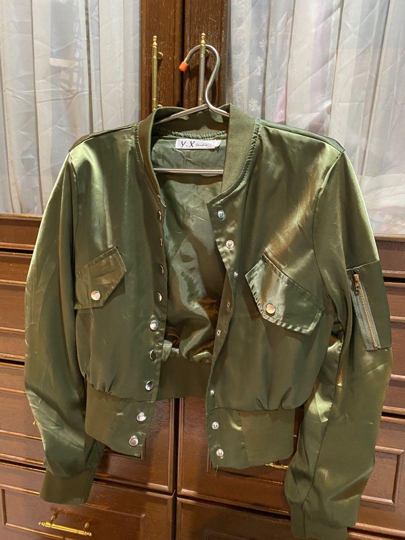 Green silk store bomber jacket