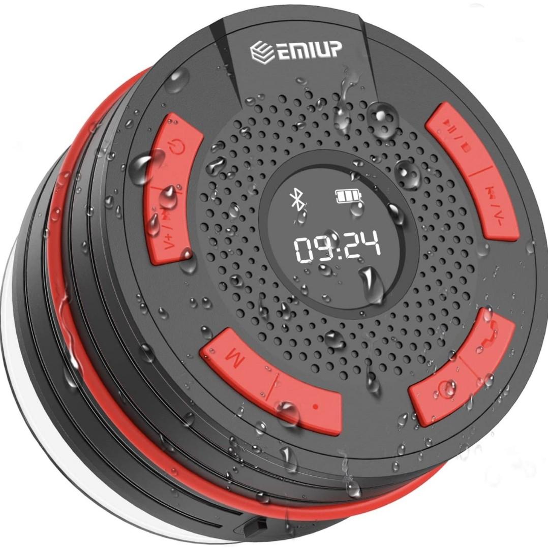 Shower Speaker IPX7 shower radio Bluetooth 5.0 speakers waterproof with LED Display FM Radio Strong Suction Cup Hook Microphone 10 Hours LCD Clock Display SD Card Playing 5W Speaker for Bathroom Audio...