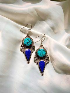 Exclusive jewelry , Coral and Lapis lazuli shards earrings handmade in Nepal, Tibetan Silver, Angel earrings, statement earrings, ethnic earrings, giftsformother, giftformom, mothersday, naturalstoneearrings