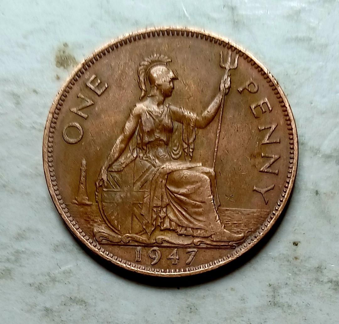 英國1947年1便士硬幣一枚（品相實物如圖，表面清洗過）, 興趣及遊戲, 收藏品及紀念品, 錢幣- Carousell