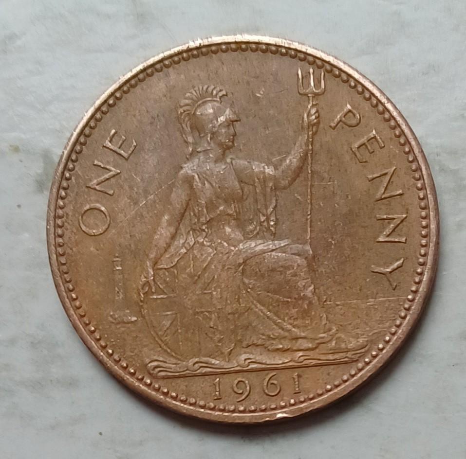 英國1961年1便士硬幣一枚（品相實物如圖，表面清洗過）, 興趣及遊戲, 收藏品及紀念品, 錢幣- Carousell