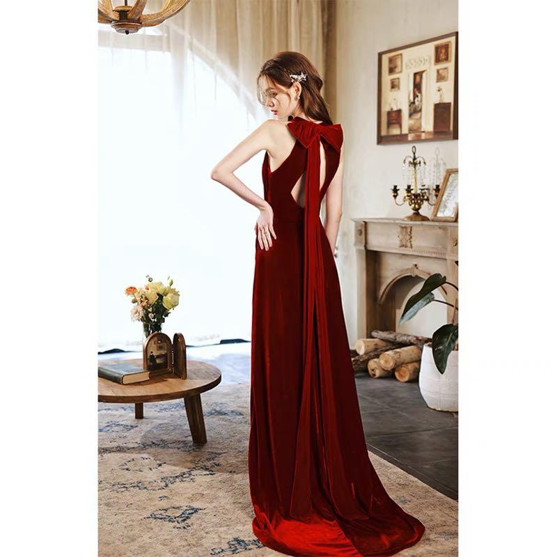 Can customise Wine red velvet halter neck ribbon design Evening Gown prom dress wedding dress Wedding gown evening dress