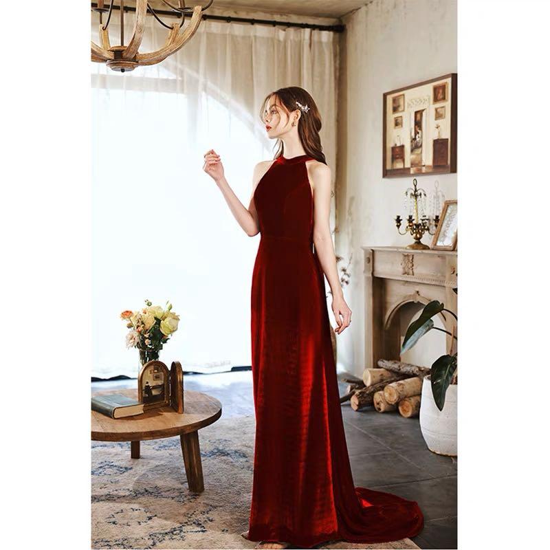 Can customise Wine red velvet halter neck ribbon design Evening Gown prom dress wedding dress Wedding gown evening dress