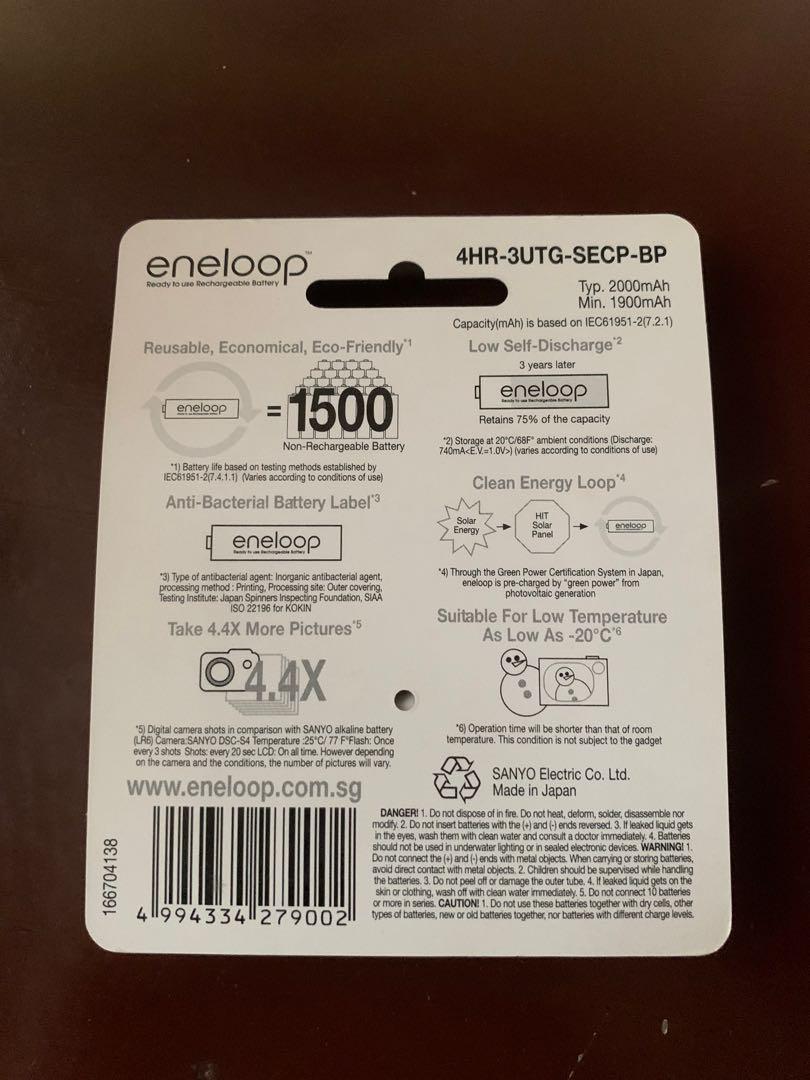 Original Sanyo Eneloop Rechargable Battery (Category: Batteries & Chargers) located in Quezon City. Submitted by eiagarxia (Listing ID 1157742150, Image 2). Description: Sanyo 4HR-3UTG-SEC 4xAA Eneloop 2000mAh Rechargeable Battery Brand new ORIGINAL Sealed Sanyo Eneloop 4HR-3UTG-SECP-BP White 4xAA Rechargeable Batteries Made in Japan.