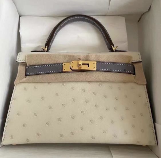 Hermes Mini Kelly 2代😍8L Beton 冰川白拼瑪瑙灰Ostrich 鴕鳥皮金扣 