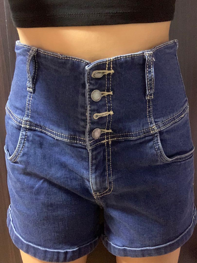 High Waist Dark Blue Denim Shorts 