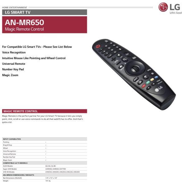 LG AN-MR650: Magic Remote Control with Voice Mate™ for Select 2016 Smart  TVs