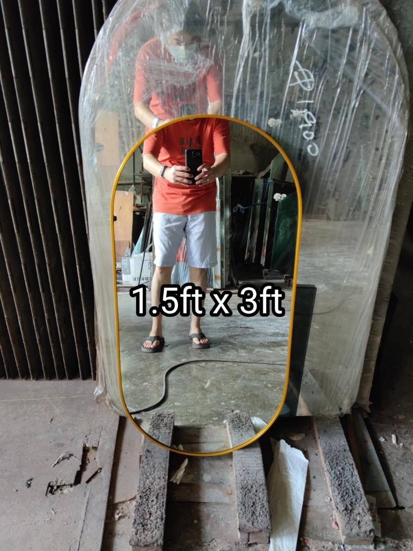 Oval mirror with frame (Category: Mirrors) located in Malabon City. Submitted by mirrors.ph (Listing ID 1157677693, Image 1). Description: Oval mirror with gold aluminum frame and plywood backing. Using 6mm thick copper free lead free mirror. Add P200 if with back hook. Size: 1.5ft x 3ft P1215 Available colors gold, glossy black, matte black, white and silver aluminum frame. Customize sizes and shapes are welcome..