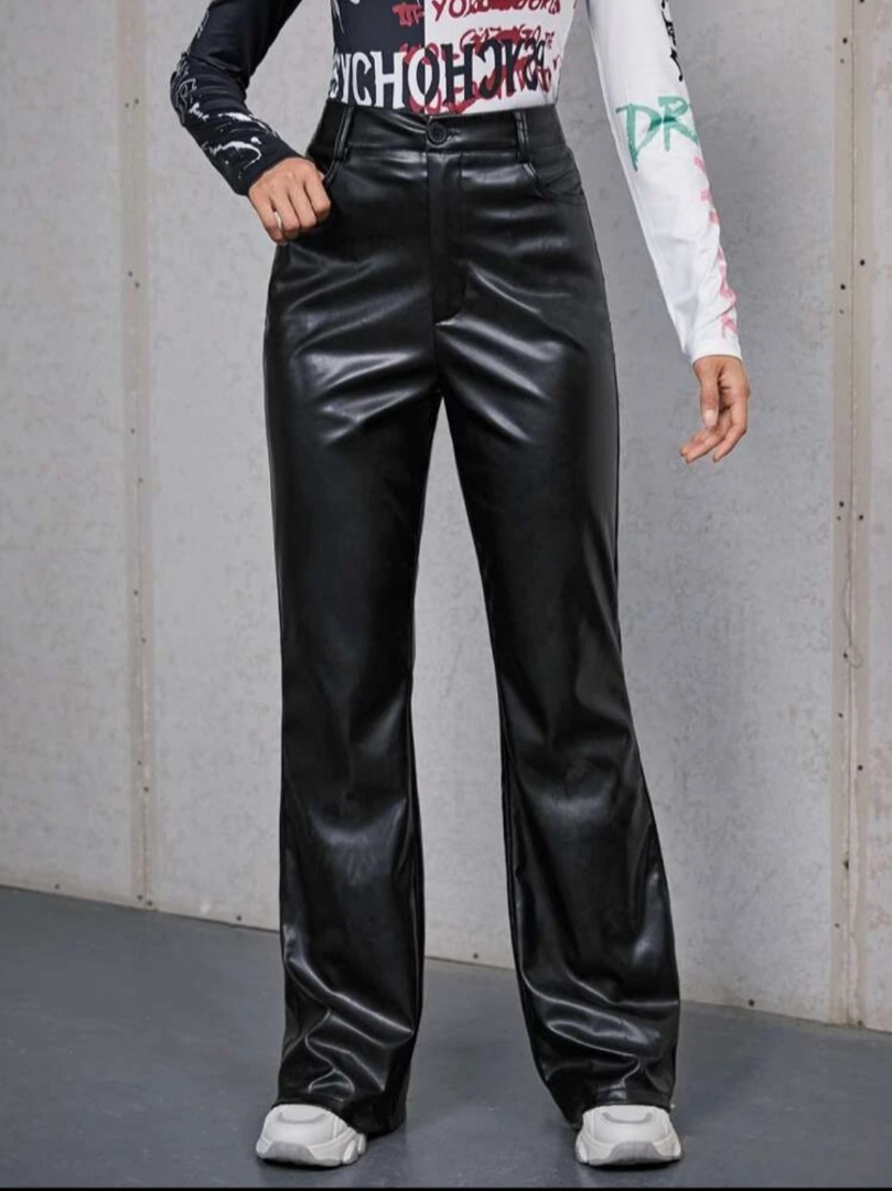 Shein PU Leather Flare Leg Pants, Women 