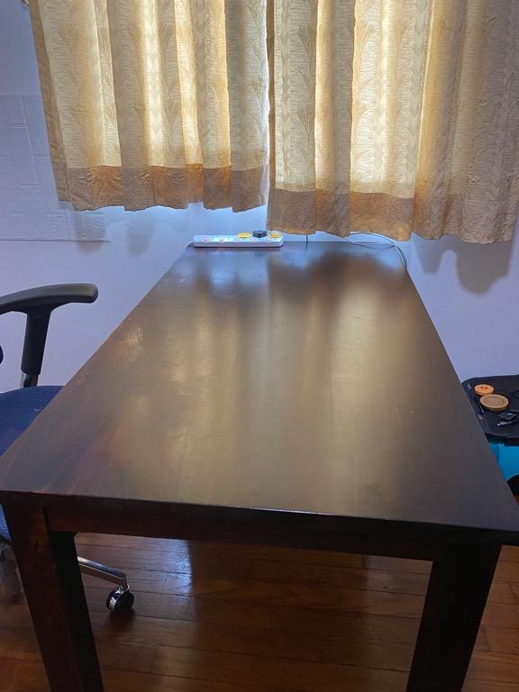Solid wood Study Table (Category: Tables & Sets) located in Singapore. Submitted by patban (Listing ID 1157726464, Image 1). Description: MOVING -OUT SALE Sturdy and heavy solid wood study table with one drawer & one cabinet (Mahogany Color). Made with mango wood . Adjustable drawer/cabinet unit can switch orientation to occupy either the left or right hand side of the desk Size- 28 inch * 53inch *31 inch (height) / 71cm* 134 cm * 78cm(H) Buyer n