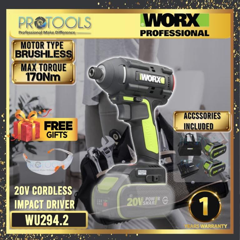 WORX WU294.2 Brushless 20V Impact Driver FOC SAFETY GOOGLES COMBO MAKITA IMPACT SCREW BITS